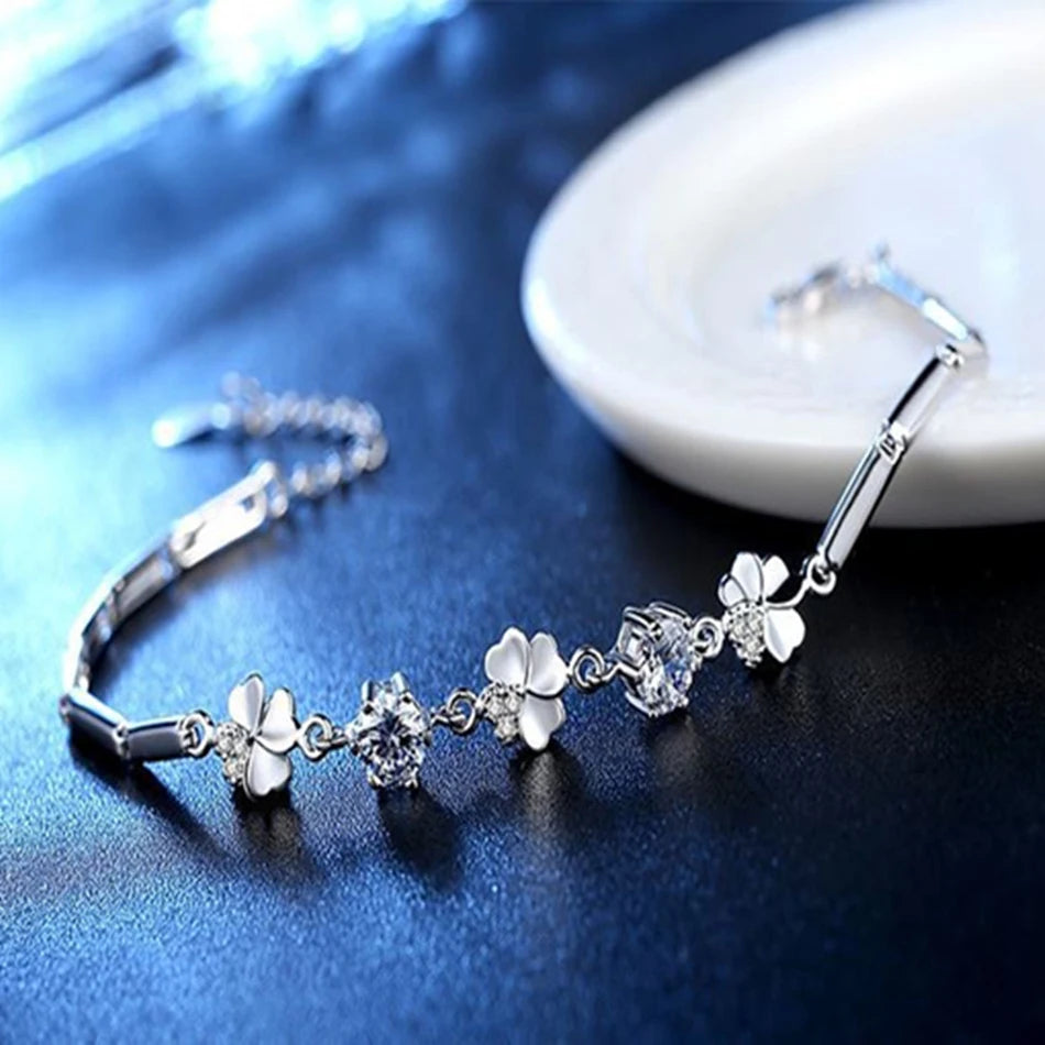 Bracelet Chaîne en Argent 925 Trèfle Porte-Bonheur & Cristaux – Bijou Fin Certifié