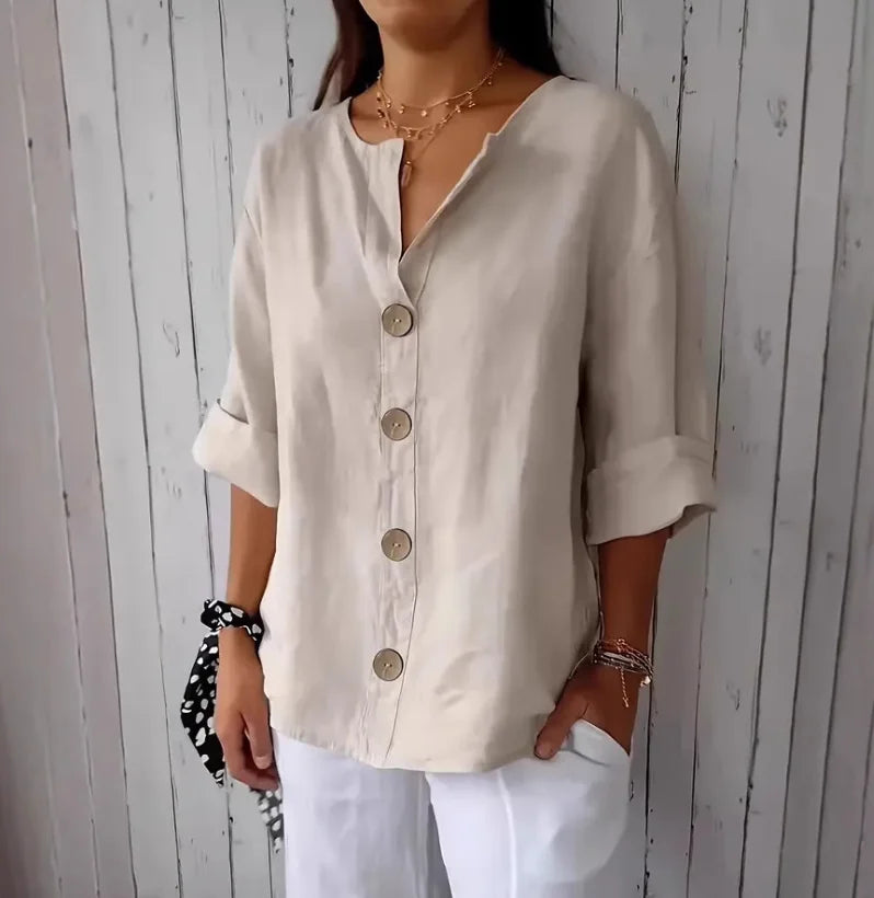Chemise Femme Lin & Coton Col V – Coupe Loose, Boutonnage, Style Casual Élégant Bureau