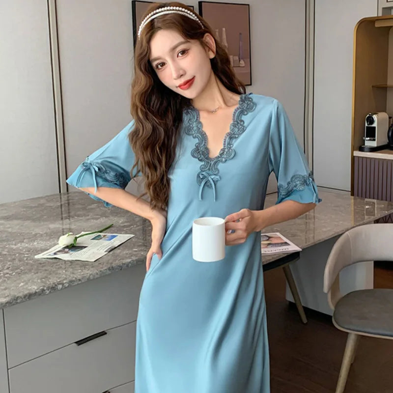 Women's New Summer Nightgown Lace Pajamas Loungewear Short Sleeves