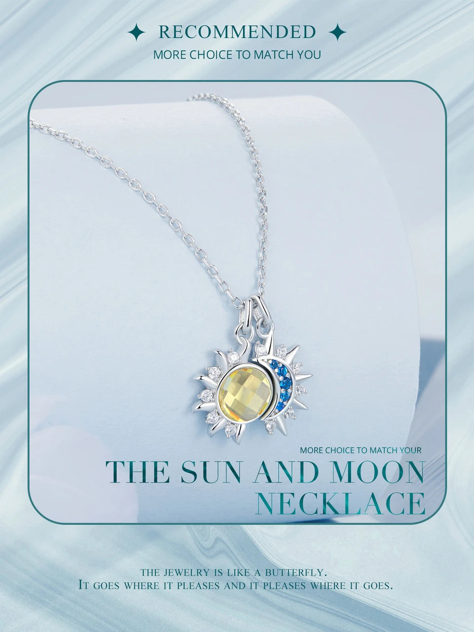 Collier Pendentif Lune & Soleil en Argent 925 – Zircon Bleu & Cristal Jaune Lumineux, Certifié GDTC | WOSTU