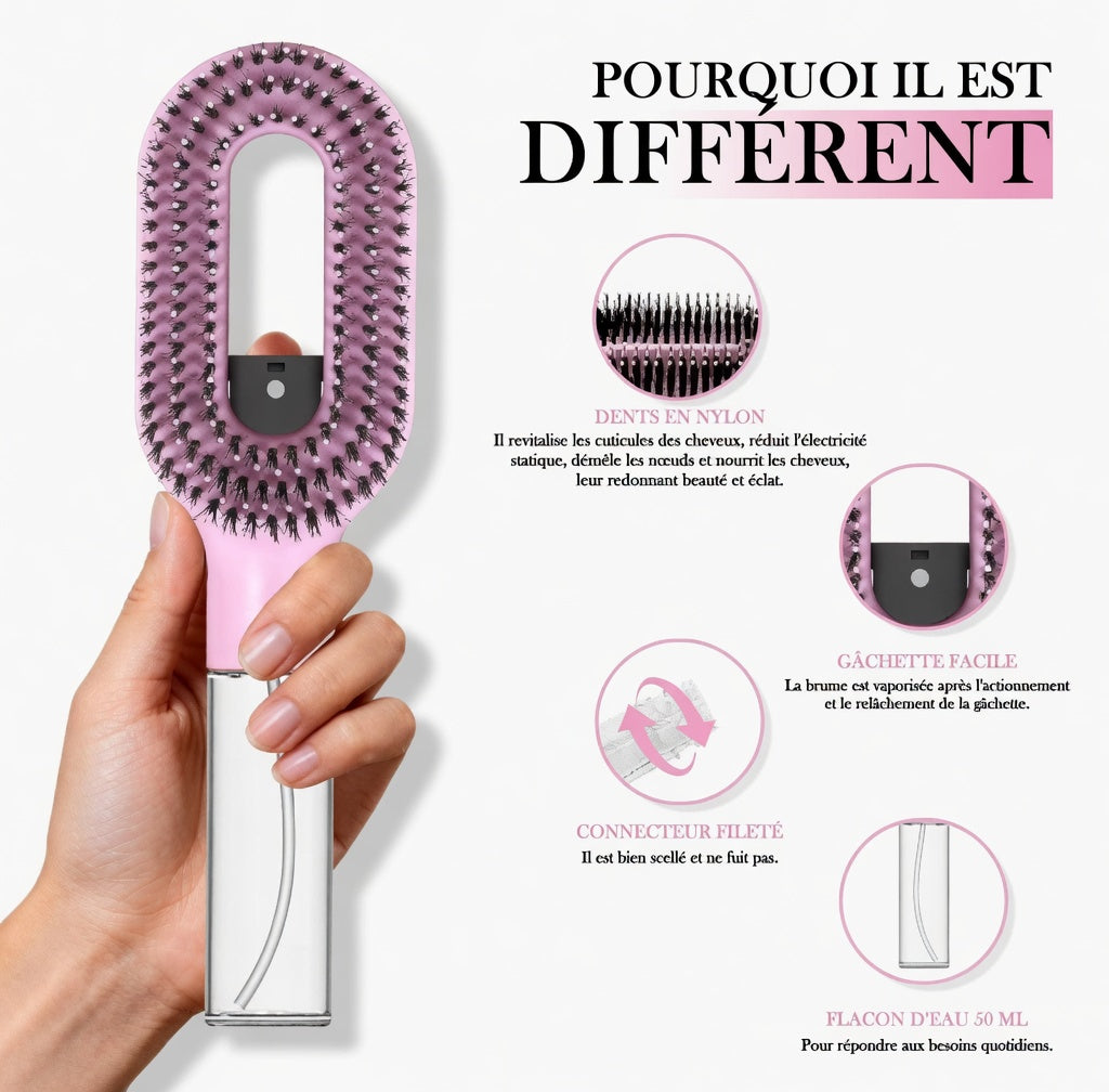 Brosse à Cheveux 2-en-1 avec Spray Brumisateur – Démêlage, Massage Cuir Chevelu & Anti-Statique