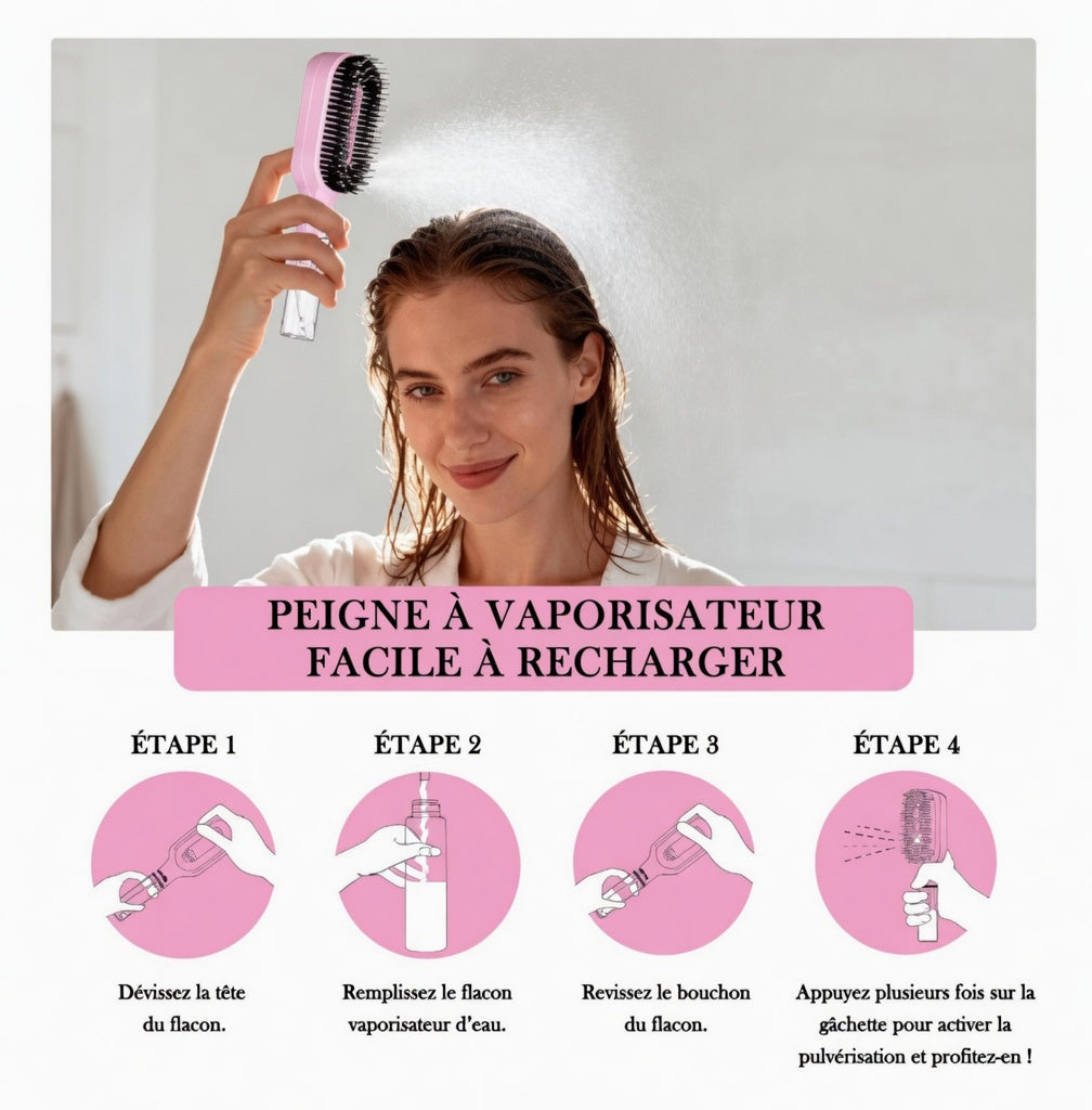 Brosse à Cheveux 2-en-1 avec Spray Brumisateur – Démêlage, Massage Cuir Chevelu & Anti-Statique