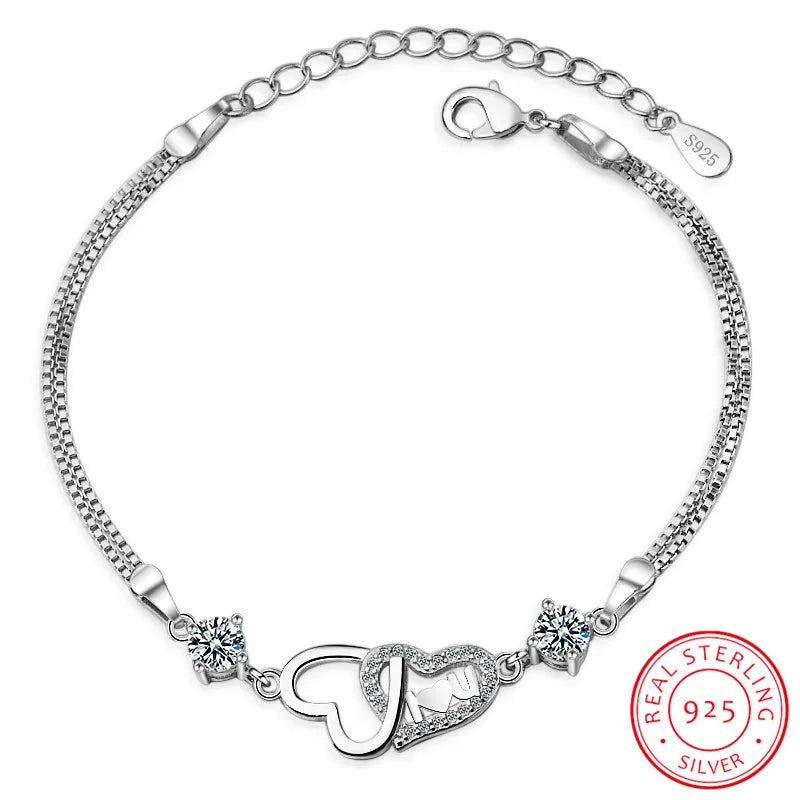 Bracelet Double Chaîne en Argent 925 Cœur & Zirconia – Amour Éternel, Bijou Fin Tendance