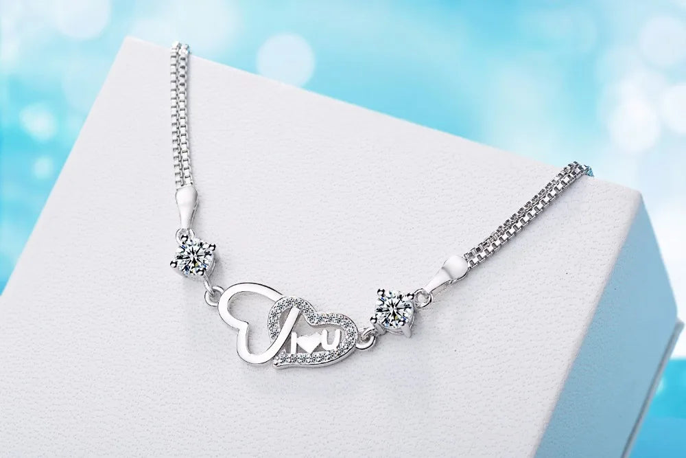 Bracelet Double Chaîne en Argent 925 Cœur & Zirconia – Amour Éternel, Bijou Fin Tendance