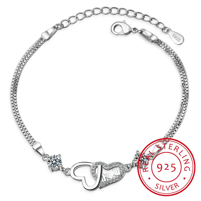 Bracelet Double Chaîne en Argent 925 Cœur & Zirconia – Amour Éternel, Bijou Fin Tendance