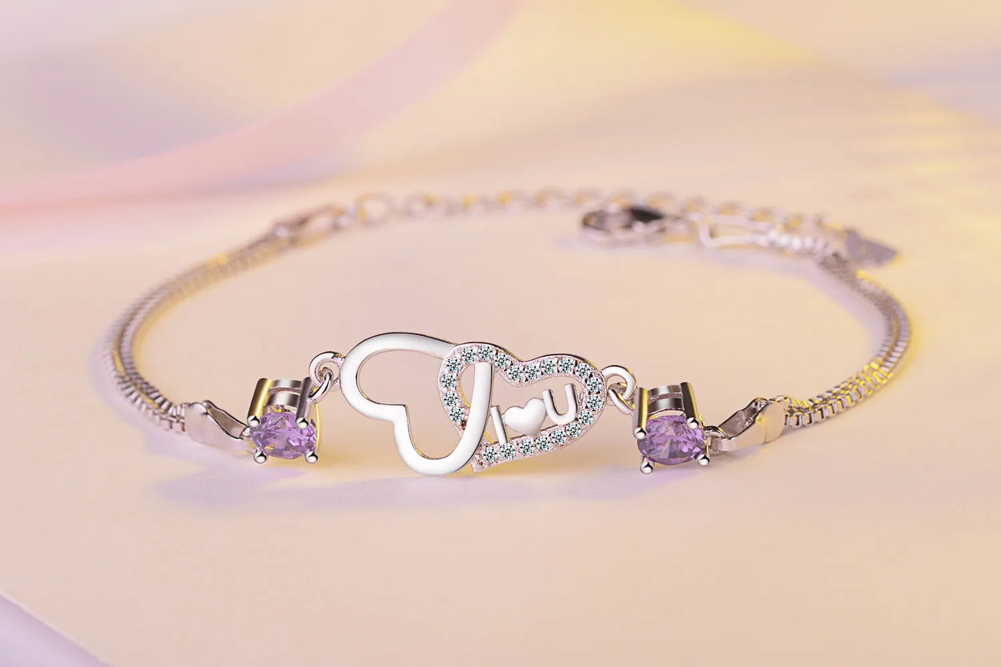 Bracelet Double Chaîne en Argent 925 Cœur & Zirconia – Amour Éternel, Bijou Fin Tendance
