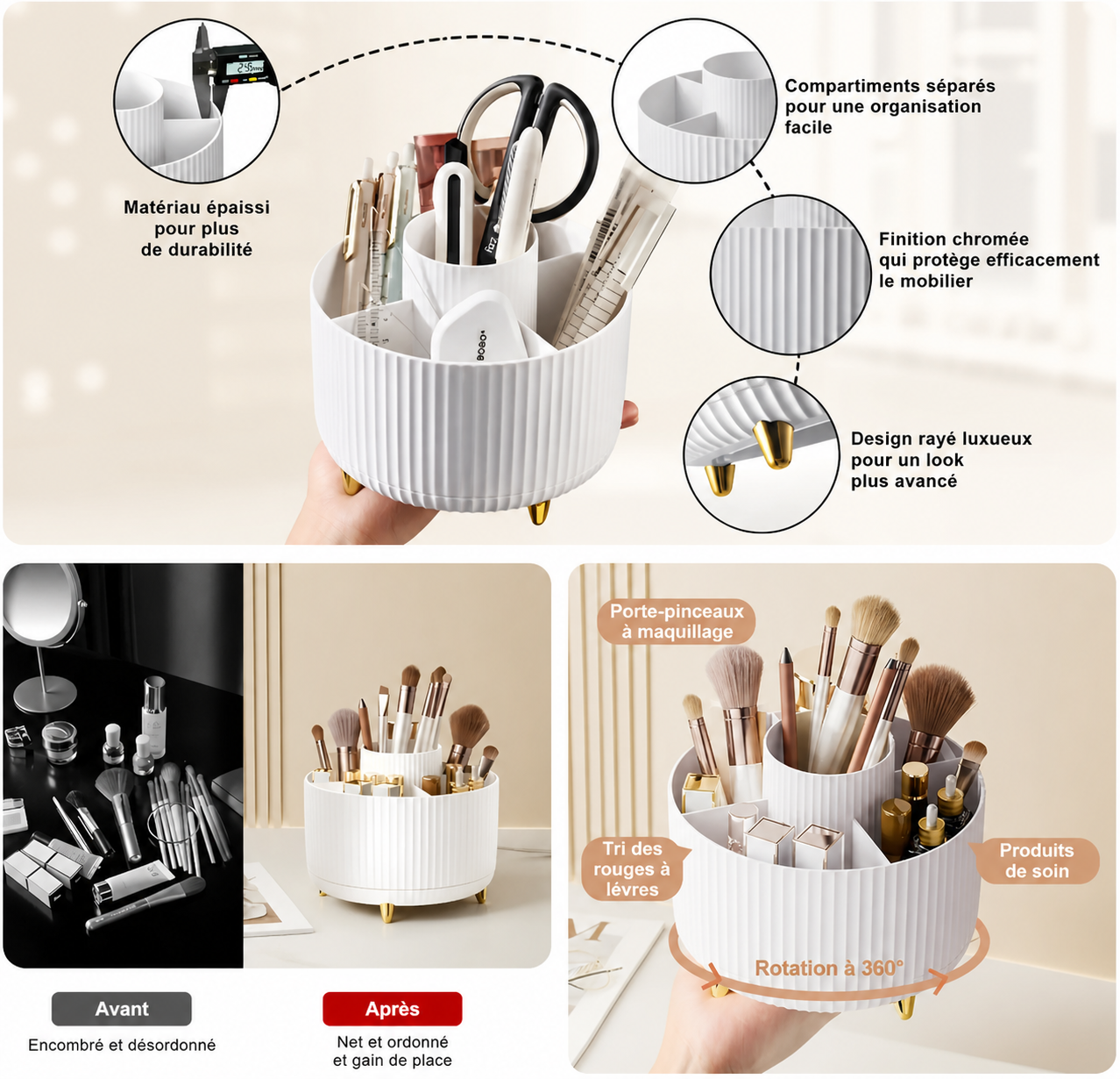 Organisateur Maquillage Rotatif 360° – 5 Compartiments, Pinceaux & Cosmétiques