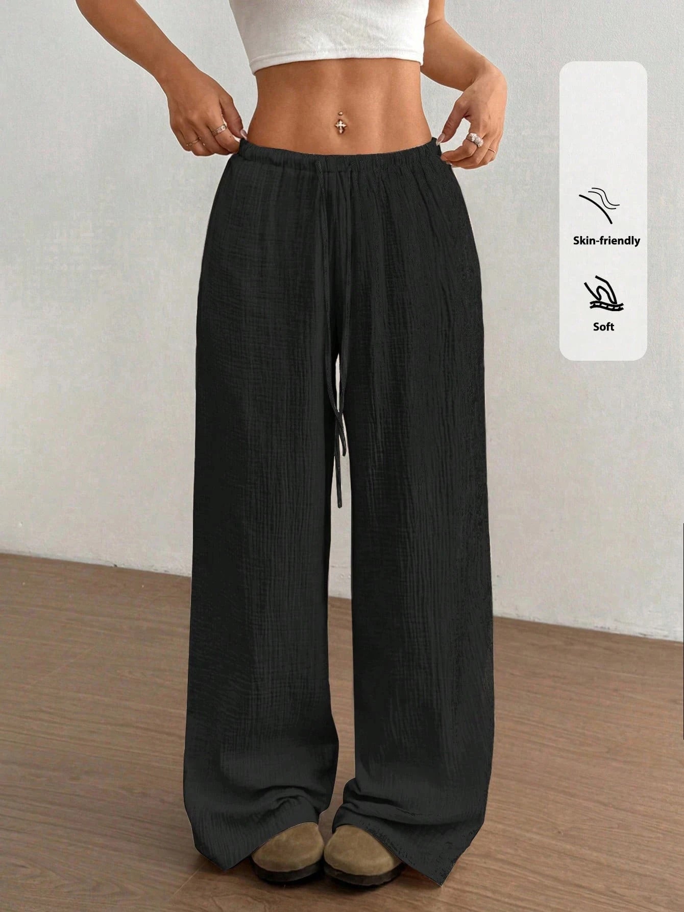 Pantalon Palazzo Femme Jambe Large – Taille Basse, Fluide & Respirant, Plage & Casual Été
