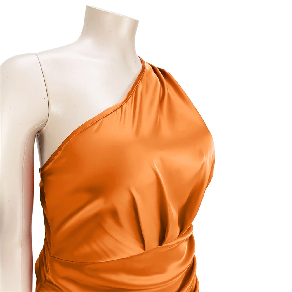 HBLL Plus Size Women Clothing Sexy Nightclub Pleated Asymmetric One Sleeve Satin Dress Evening Party Dresses XL-5XL Vestidos