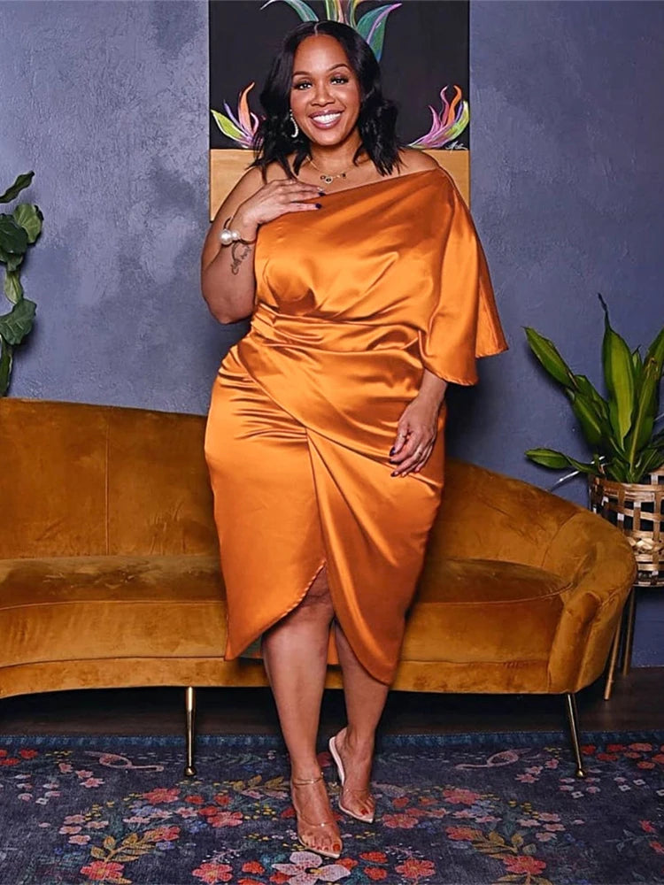 HBLL Plus Size Women Clothing Sexy Nightclub Pleated Asymmetric One Sleeve Satin Dress Evening Party Dresses XL-5XL Vestidos