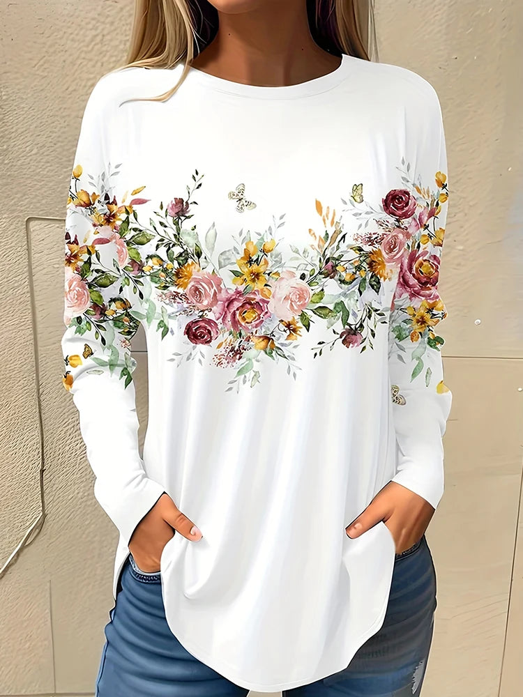 T-Shirt Femme Manches Longues Imprimé 3D Floral – Style Casual Street Automne Hiver
