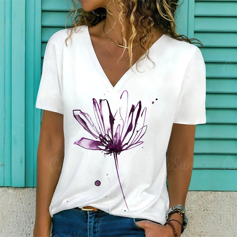 T-Shirt Femme Oversize Col V – Imprimé 3D Floral Manches Courtes Été