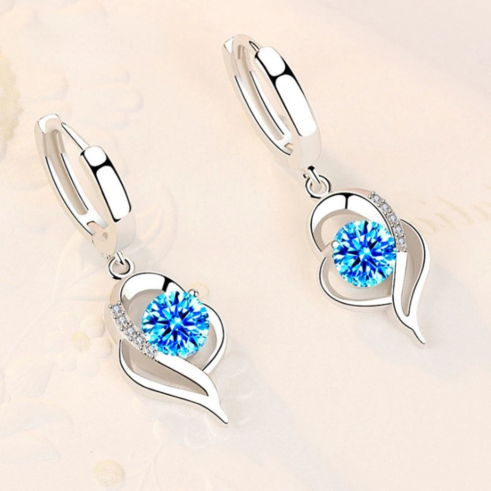 Boucles d’Oreilles Pendantes Cœur en Argent 925 – Zircon & Saphir Rose, Style Romantique, 17 Coloris
