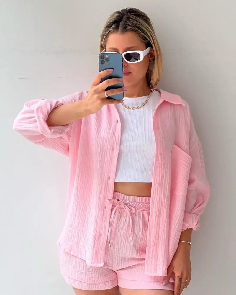 Ensemble 2 Pièces Femme Mousseline – Top Col Polo Manches Longues & Short Taille Élastique | Casual Été