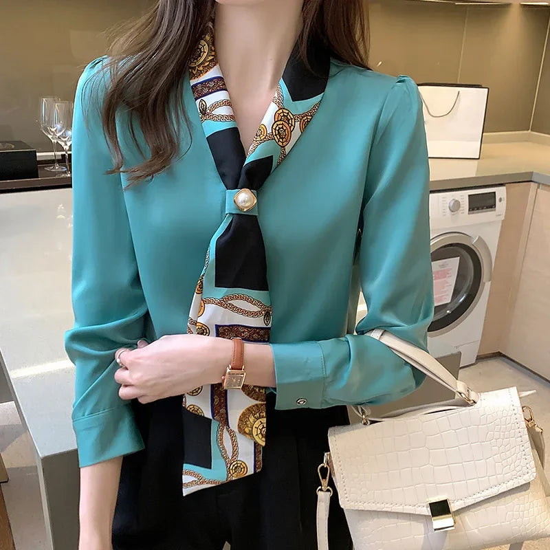 Blouse Femme Chiffon Col V Nœud Manches Longues Élégante