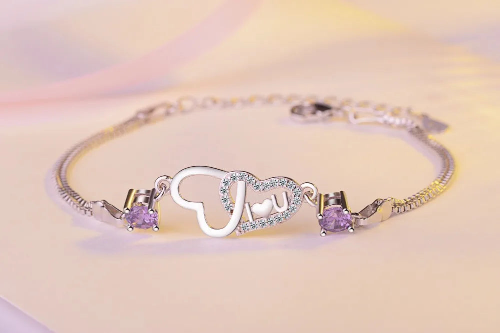 Bracelet Double Chaîne en Argent 925 Cœur & Zirconia – Amour Éternel, Bijou Fin Tendance