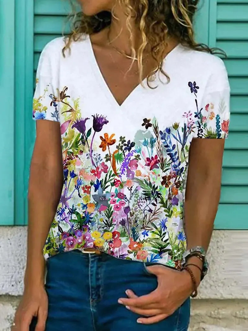 T-Shirt Femme Oversize Col V – Imprimé 3D Floral Manches Courtes Été