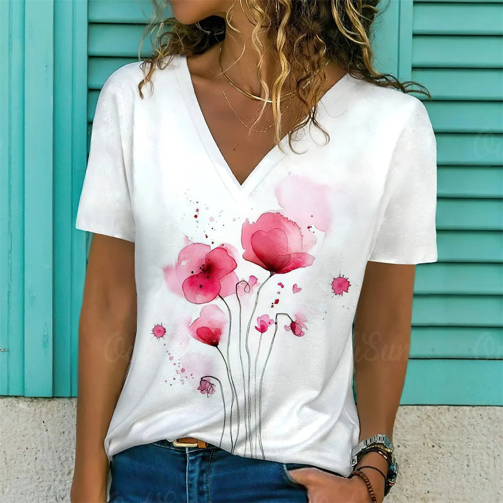 T-Shirt Femme Oversize Col V – Imprimé 3D Floral Manches Courtes Été