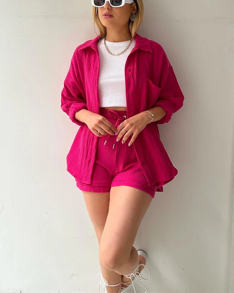 Ensemble 2 Pièces Femme Mousseline – Top Col Polo Manches Longues & Short Taille Élastique | Casual Été