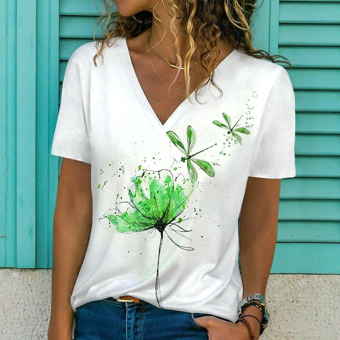 T-Shirt Femme Oversize Col V – Imprimé 3D Floral Manches Courtes Été