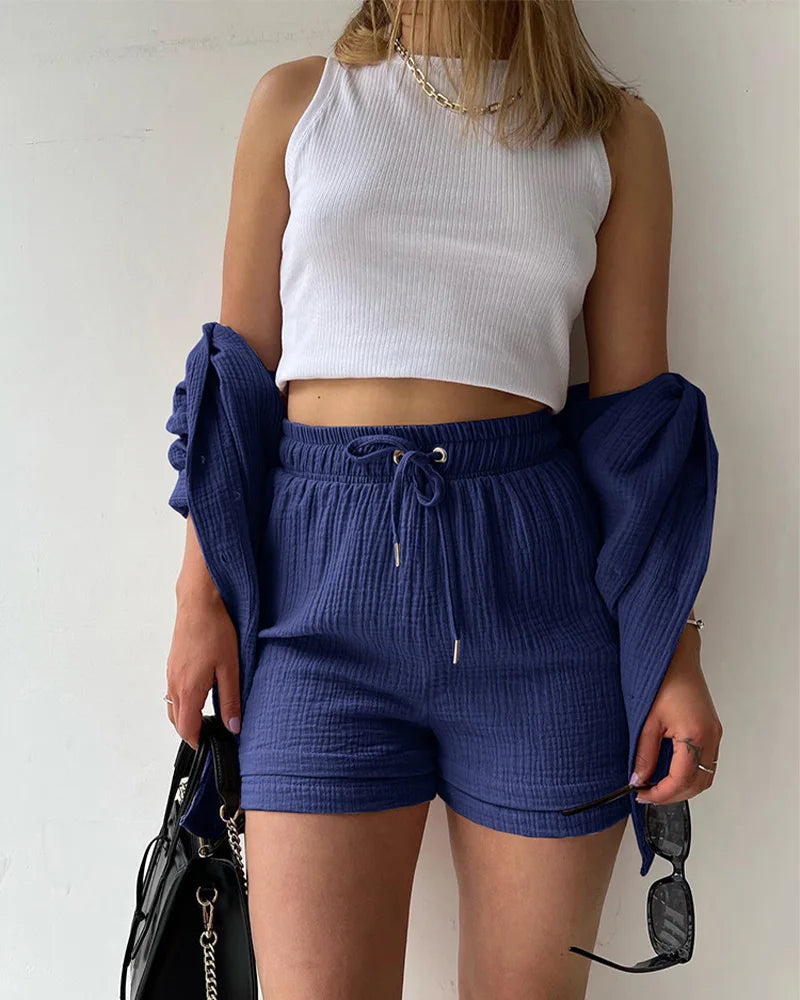 Ensemble 2 Pièces Femme Mousseline – Top Col Polo Manches Longues & Short Taille Élastique | Casual Été