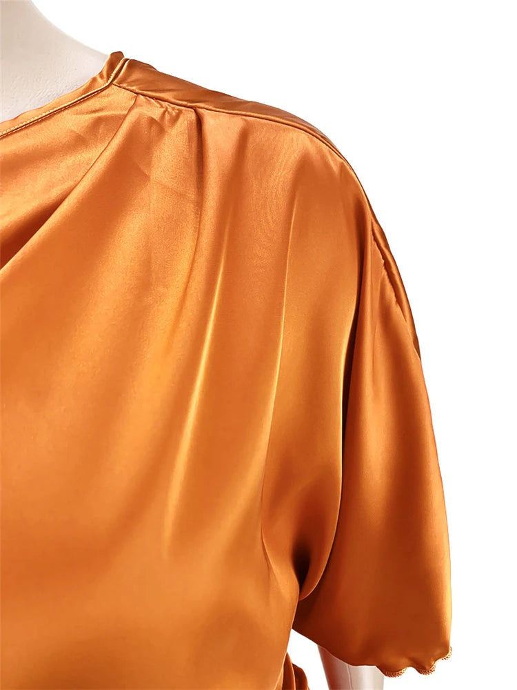 HBLL Plus Size Women Clothing Sexy Nightclub Pleated Asymmetric One Sleeve Satin Dress Evening Party Dresses XL-5XL Vestidos