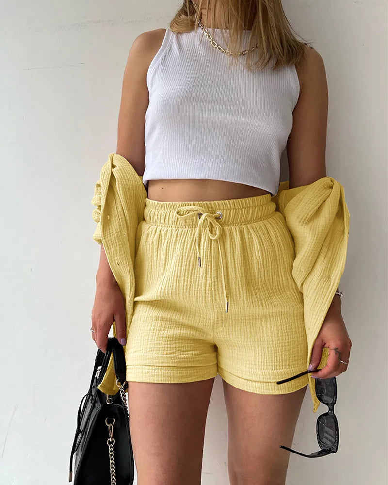 Ensemble 2 Pièces Femme Mousseline – Top Col Polo Manches Longues & Short Taille Élastique | Casual Été