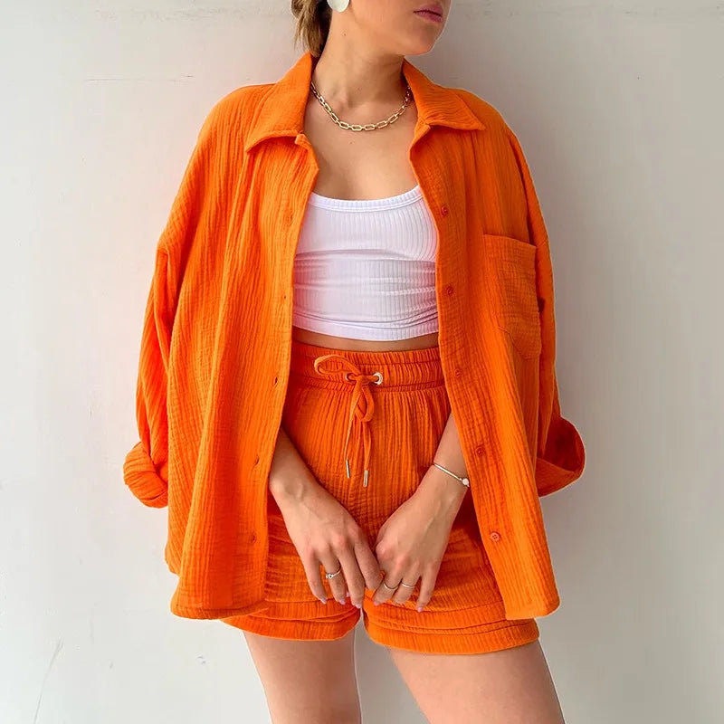 Ensemble 2 Pièces Femme Mousseline – Top Col Polo Manches Longues & Short Taille Élastique | Casual Été