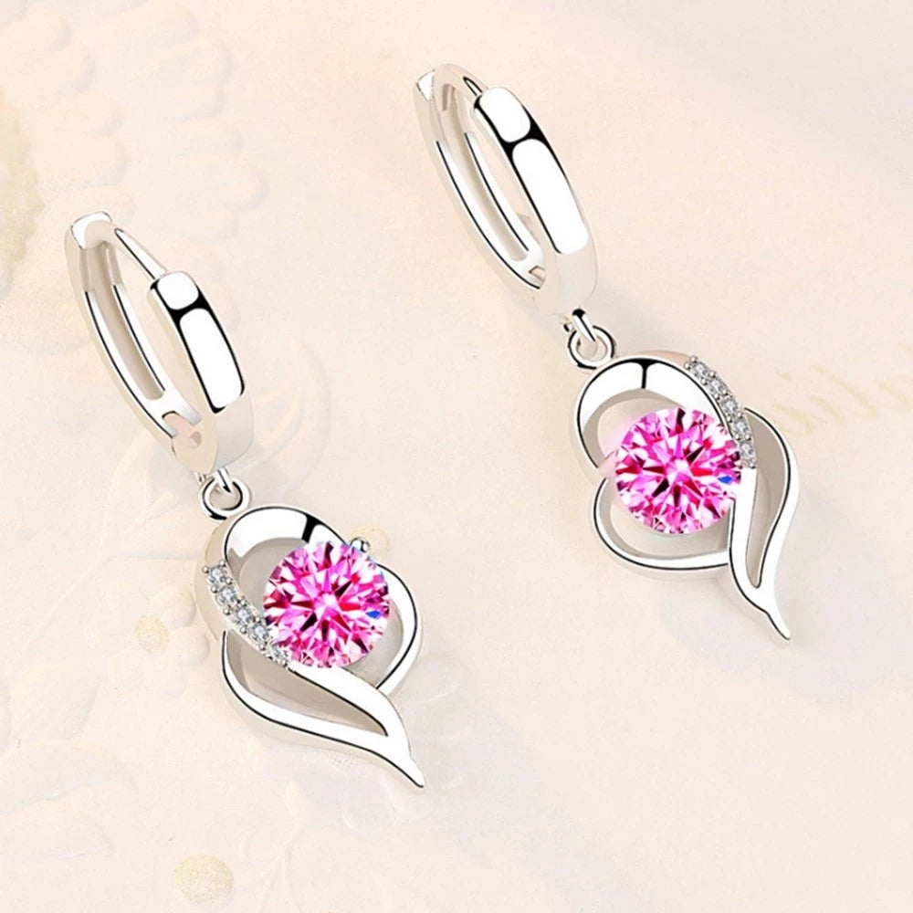 Boucles d’Oreilles Pendantes Cœur en Argent 925 – Zircon & Saphir Rose, Style Romantique, 17 Coloris