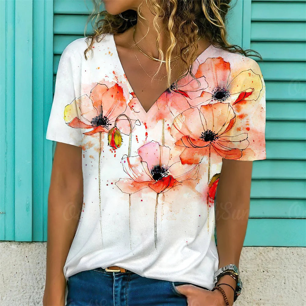 T-Shirt Femme Oversize Col V – Imprimé 3D Floral Manches Courtes Été