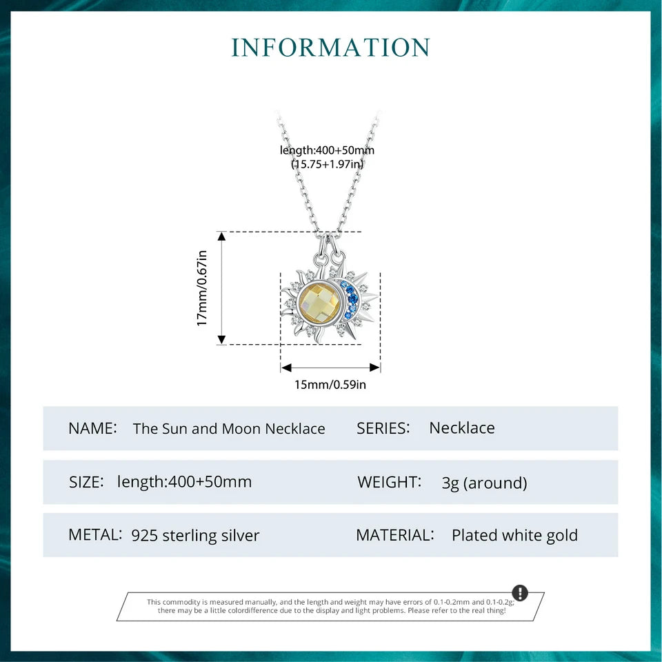 Collier Pendentif Lune & Soleil en Argent 925 – Zircon Bleu & Cristal Jaune Lumineux, Certifié GDTC | WOSTU