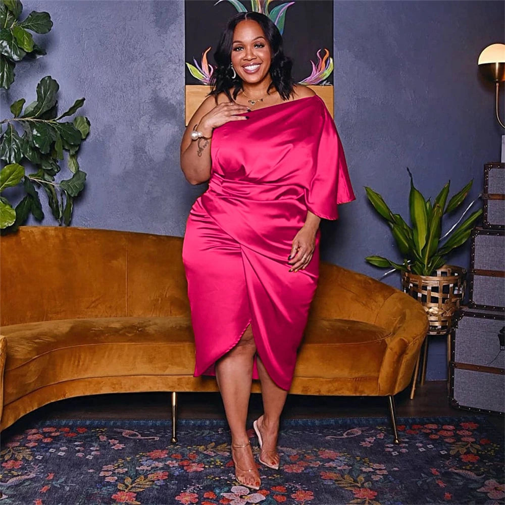 HBLL Plus Size Women Clothing Sexy Nightclub Pleated Asymmetric One Sleeve Satin Dress Evening Party Dresses XL-5XL Vestidos