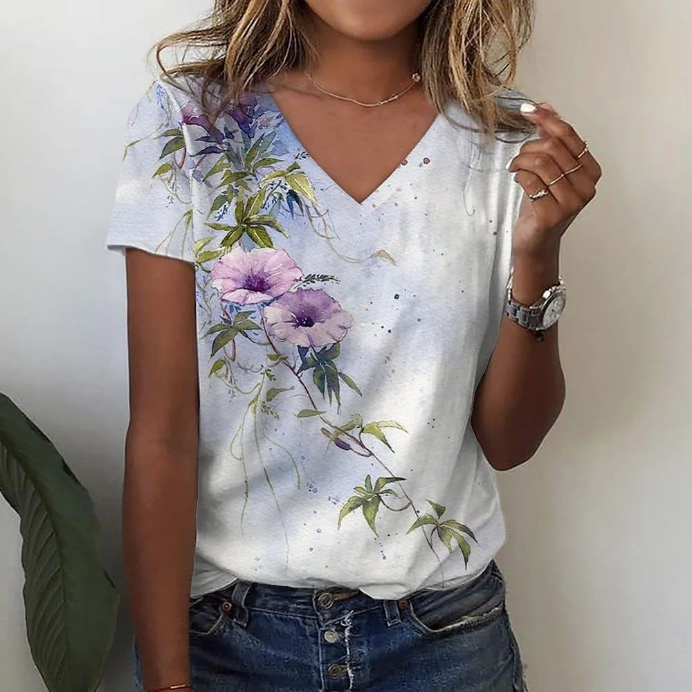 T-Shirt Femme Oversize Col V – Imprimé 3D Floral Manches Courtes Été