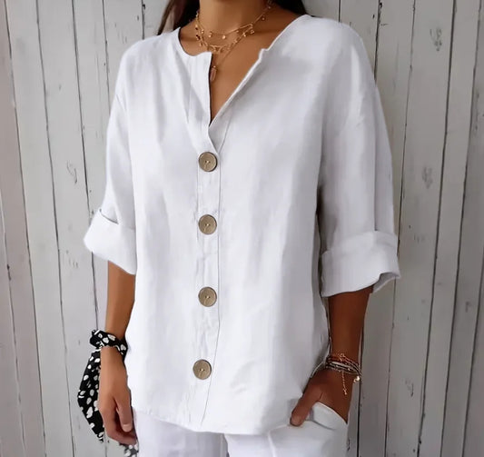 Chemise Femme Lin & Coton Col V – Coupe Loose, Boutonnage, Style Casual Élégant Bureau