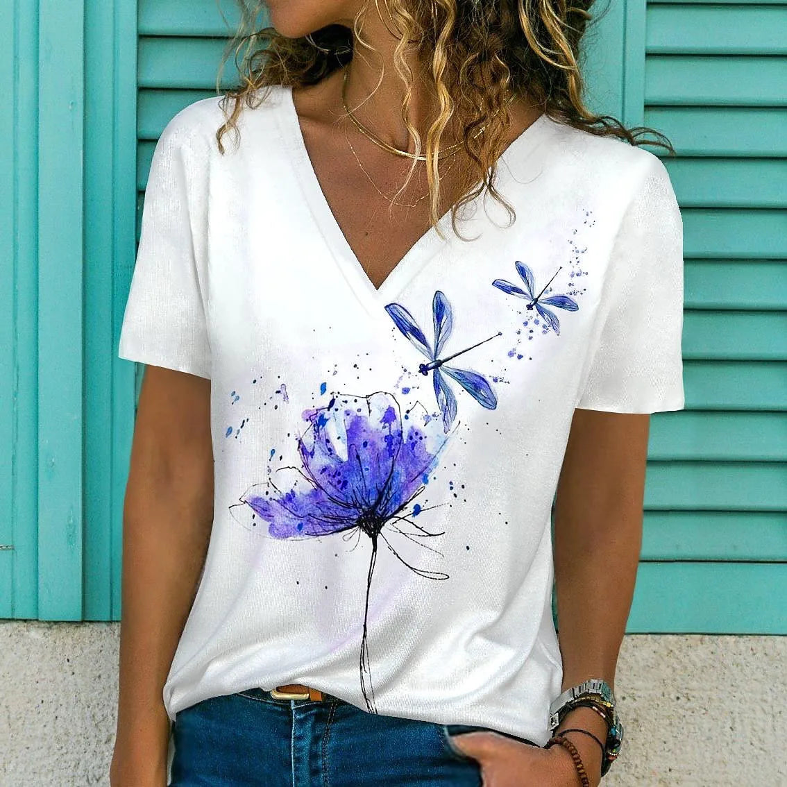 T-Shirt Femme Oversize Col V – Imprimé 3D Floral Manches Courtes Été