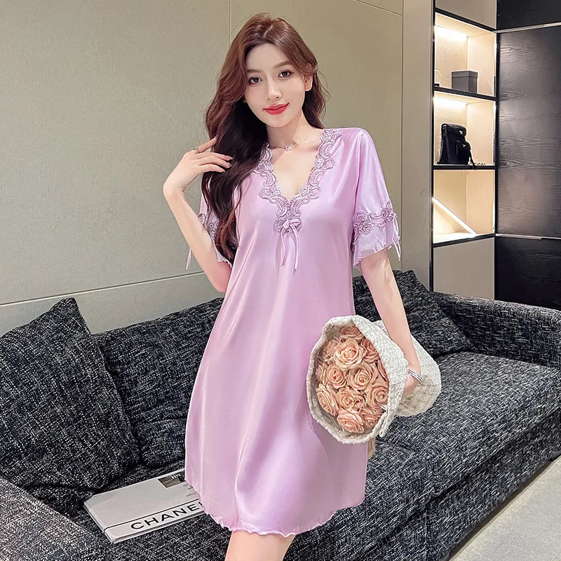 Women's New Summer Nightgown Lace Pajamas Loungewear Short Sleeves