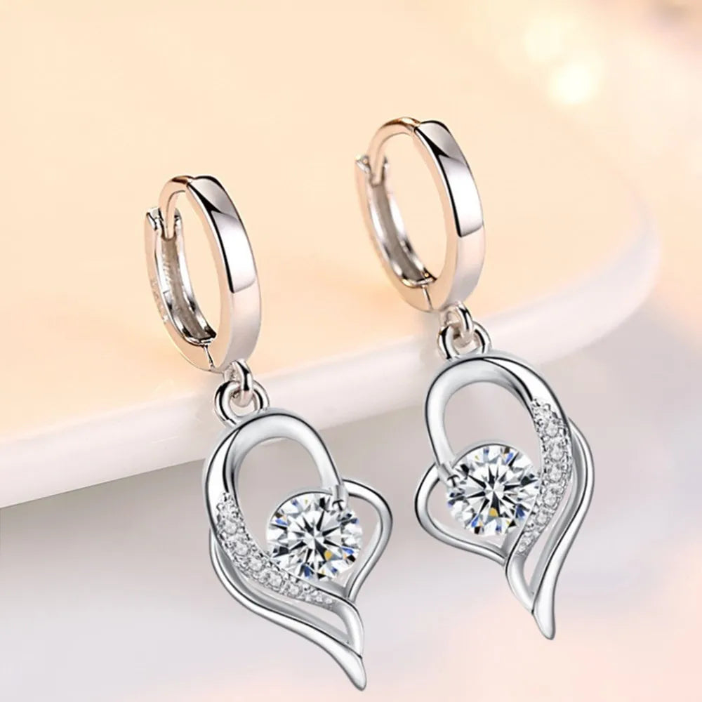 Boucles d’Oreilles Pendantes Cœur en Argent 925 – Zircon & Saphir Rose, Style Romantique, 17 Coloris