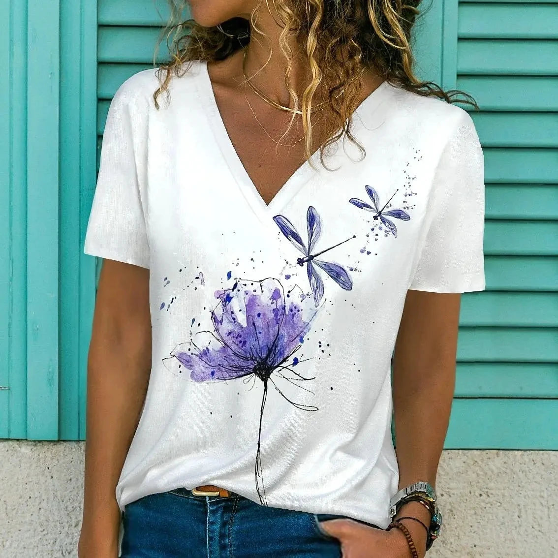 T-Shirt Femme Oversize Col V – Imprimé 3D Floral Manches Courtes Été