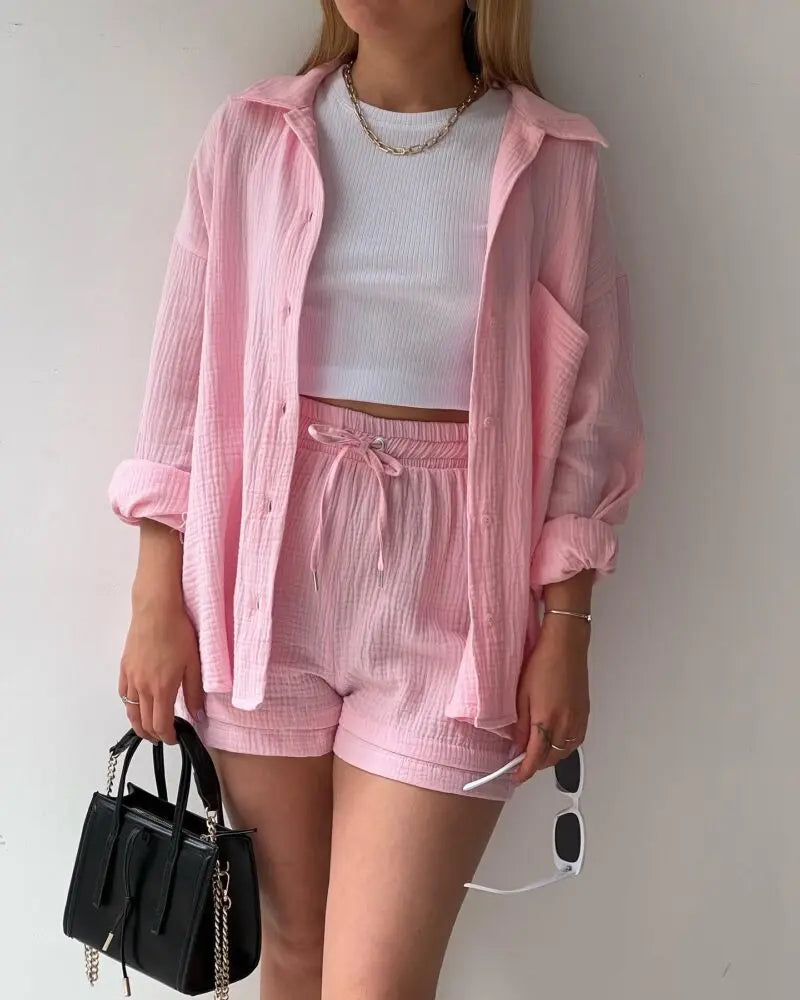 Ensemble 2 Pièces Femme Mousseline – Top Col Polo Manches Longues & Short Taille Élastique | Casual Été