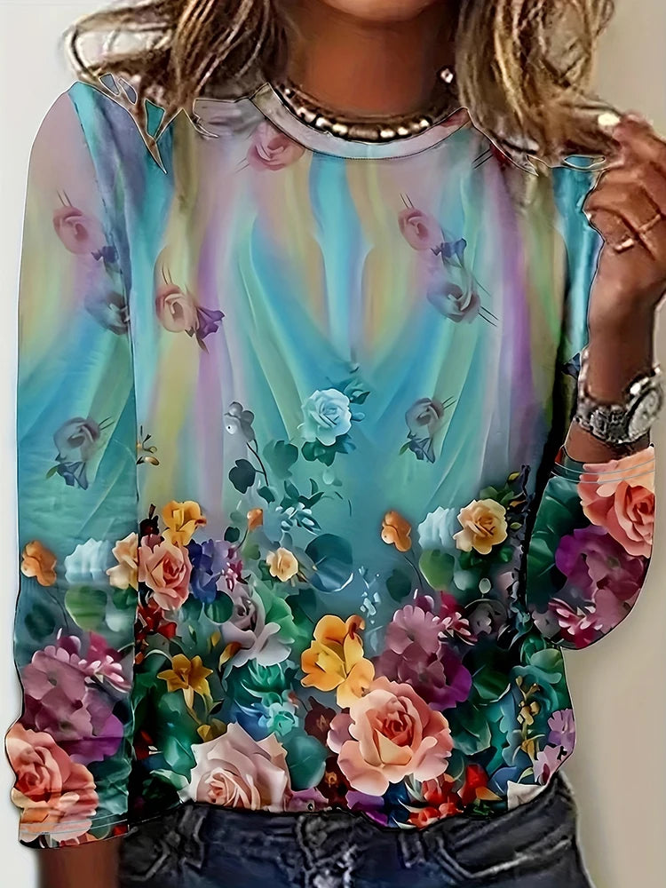 T-Shirt Femme Manches Longues Imprimé 3D Floral – Style Casual Street Automne Hiver