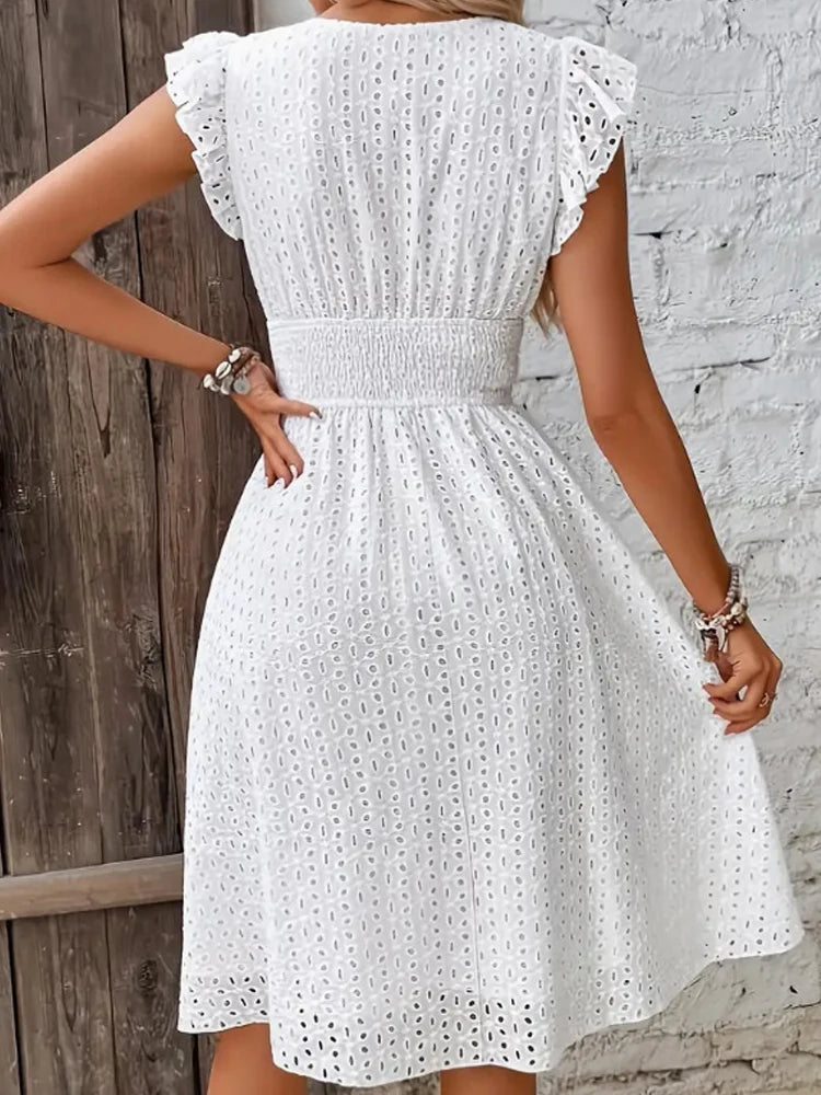 Robe Femme Col V Manches Papillon – Silhouette A-Line, Style Plage & Casual | Été |
