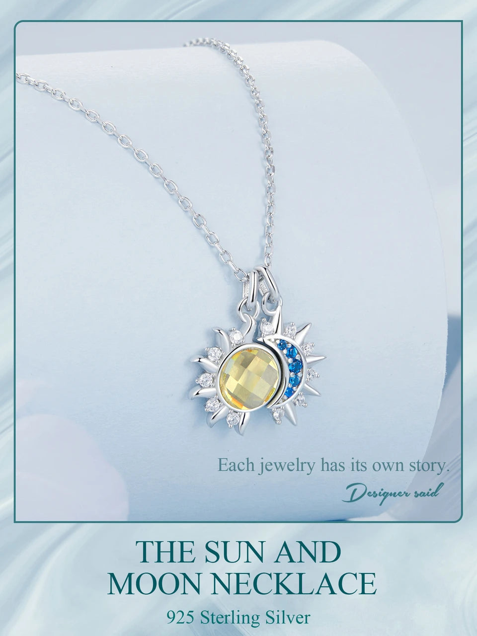 Collier Pendentif Lune & Soleil en Argent 925 – Zircon Bleu & Cristal Jaune Lumineux, Certifié GDTC | WOSTU