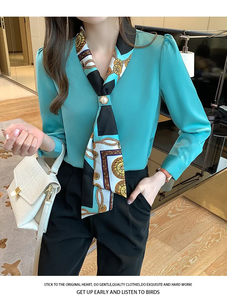 Blouse Femme Chiffon Col V Nœud Manches Longues Élégante