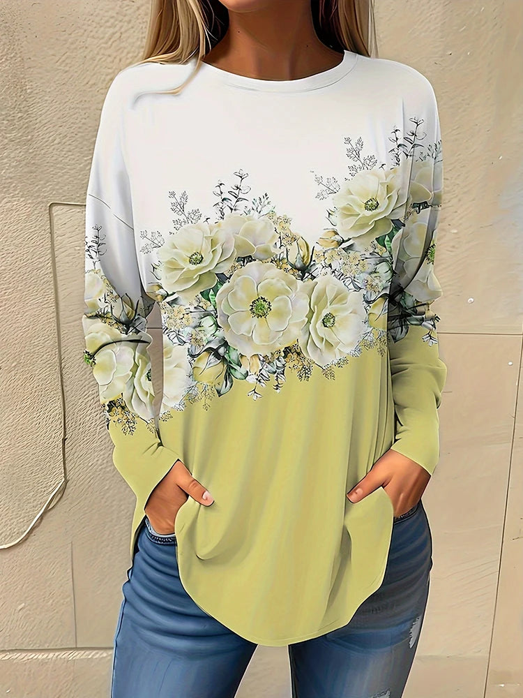T-Shirt Femme Manches Longues Imprimé 3D Floral – Style Casual Street Automne Hiver