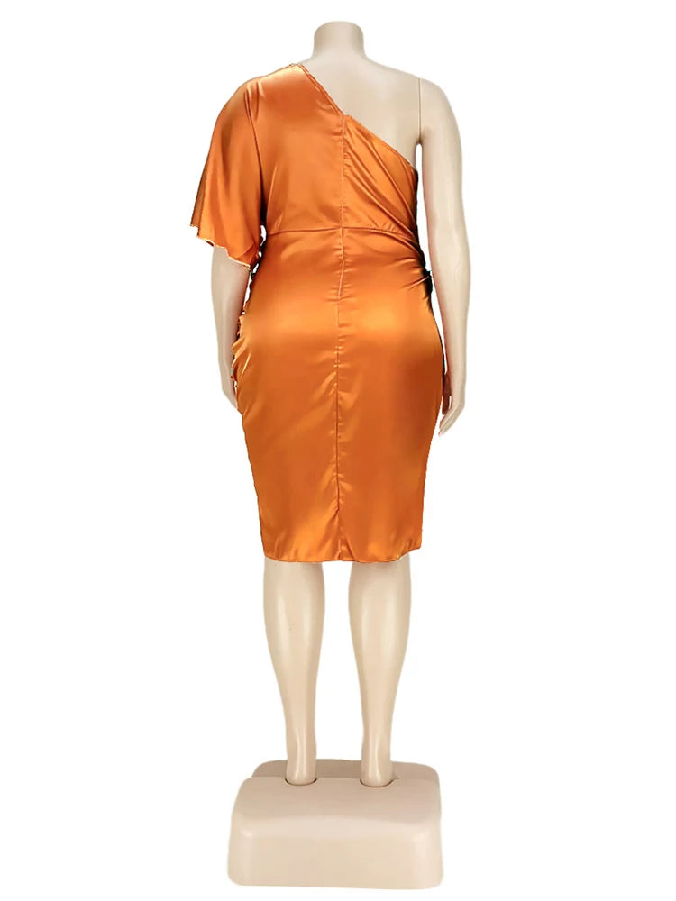 HBLL Plus Size Women Clothing Sexy Nightclub Pleated Asymmetric One Sleeve Satin Dress Evening Party Dresses XL-5XL Vestidos