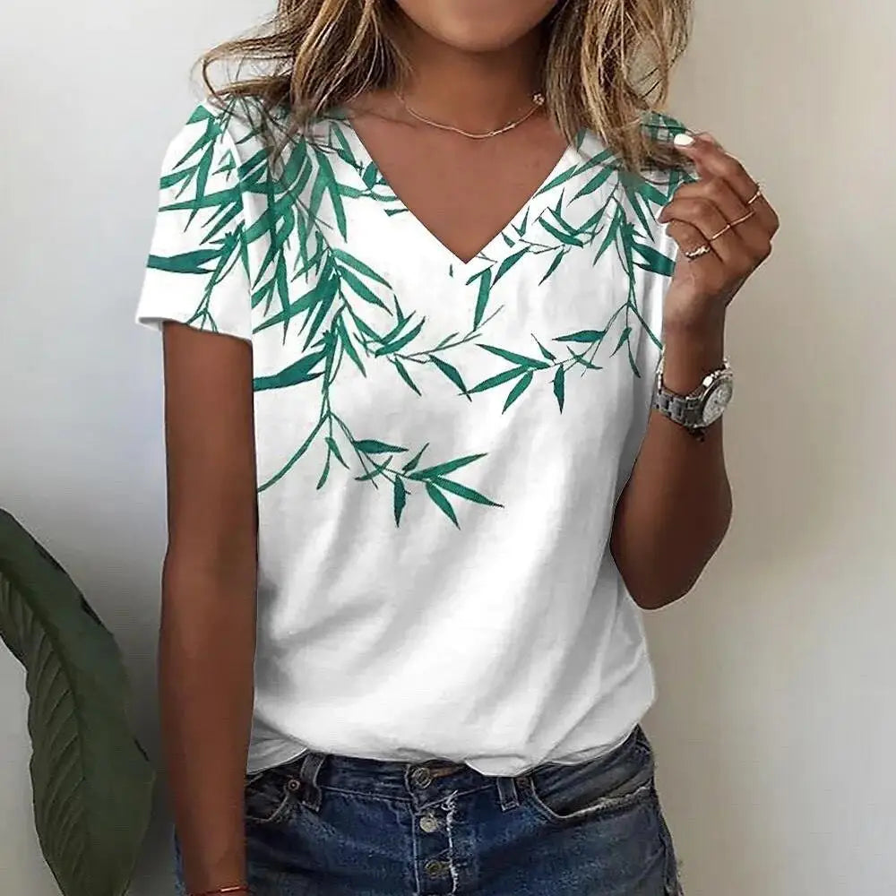 T-Shirt Femme Oversize Col V – Imprimé 3D Floral Manches Courtes Été