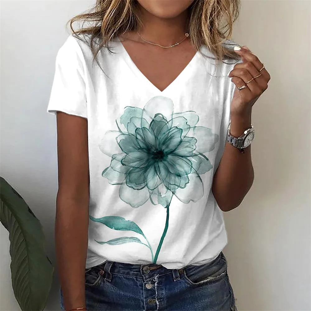 T-Shirt Femme Oversize Col V – Imprimé 3D Floral Manches Courtes Été