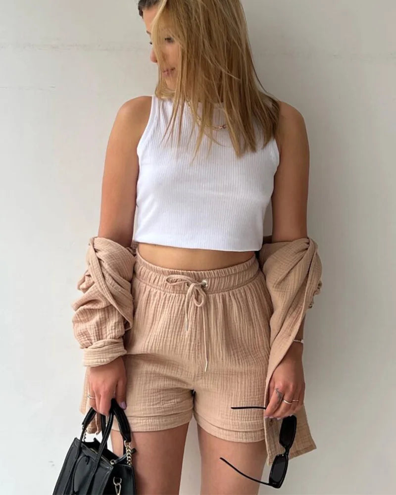 Ensemble 2 Pièces Femme Mousseline – Top Col Polo Manches Longues & Short Taille Élastique | Casual Été