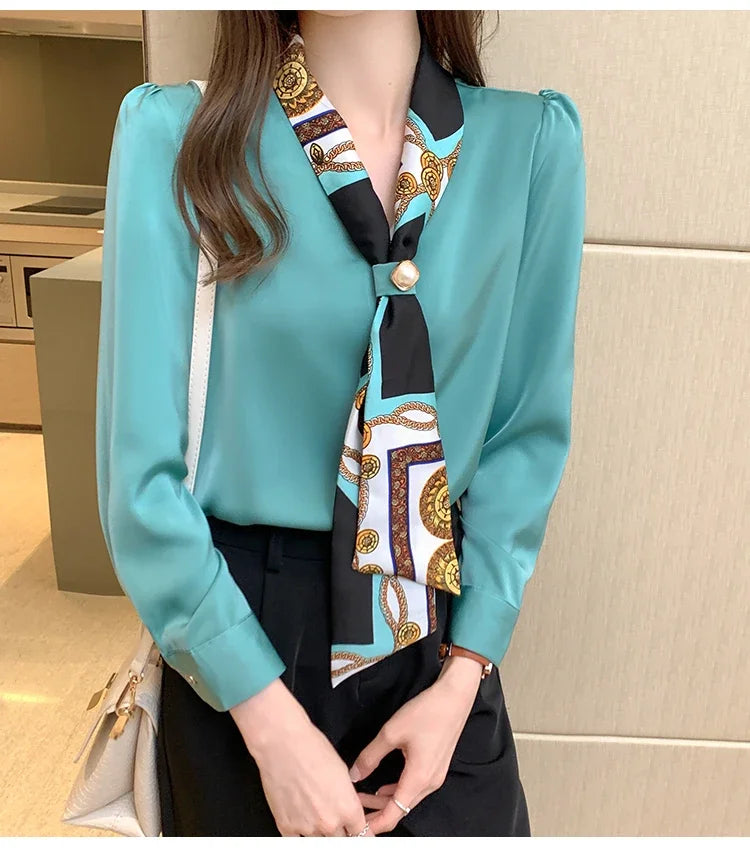 Blouse Femme Chiffon Col V Nœud Manches Longues Élégante