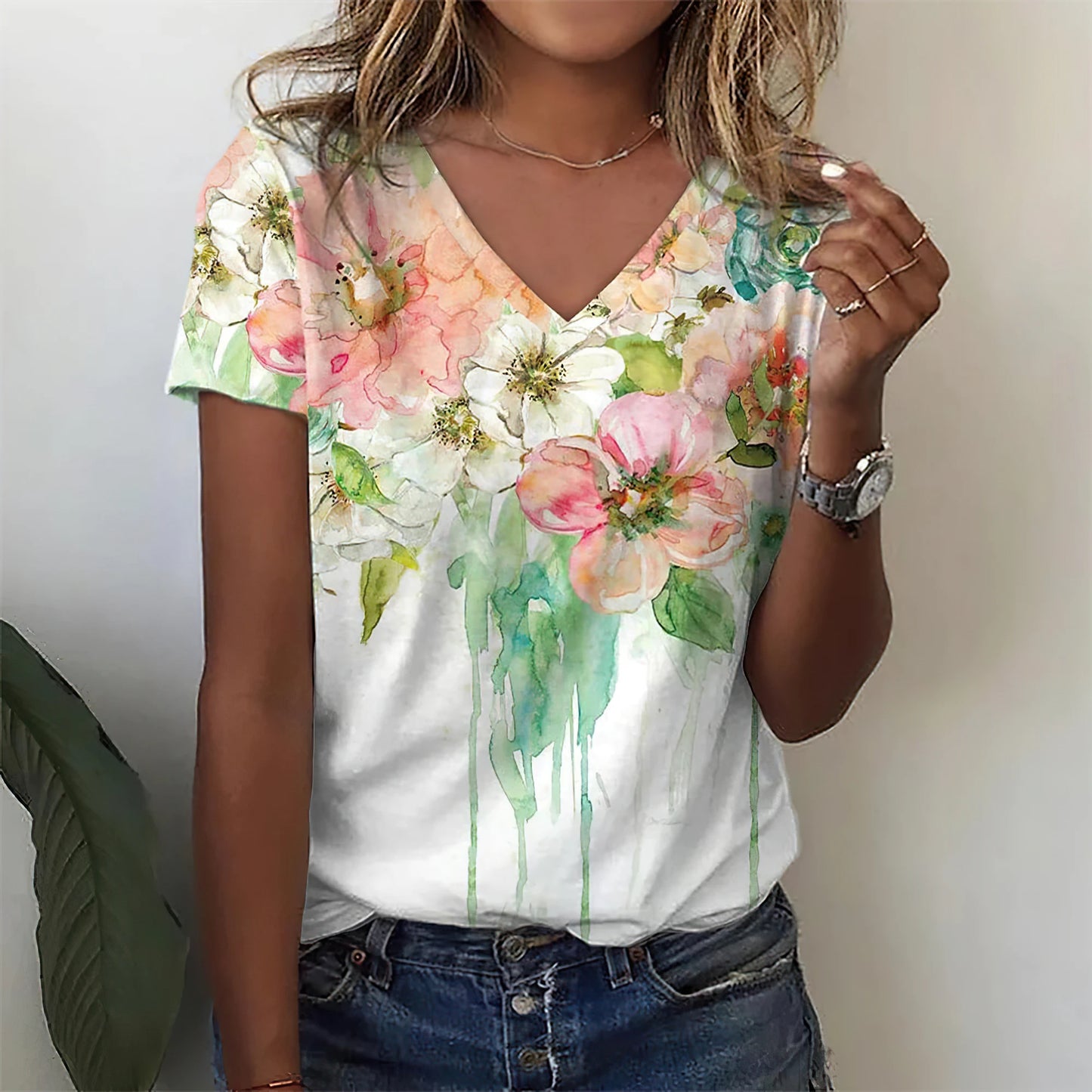 T-Shirt Femme Oversize Col V – Imprimé 3D Floral Manches Courtes Été